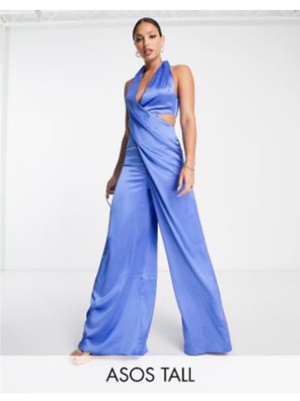 ASOS Blue Satin Wide-Leg Halter Jumpsuit
